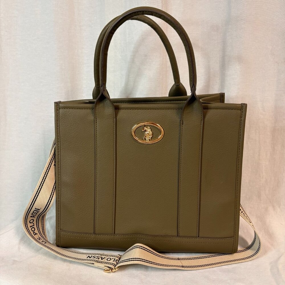 U.S. Polo Assn Olive Green Structured Tote Bag Crossbody Strap